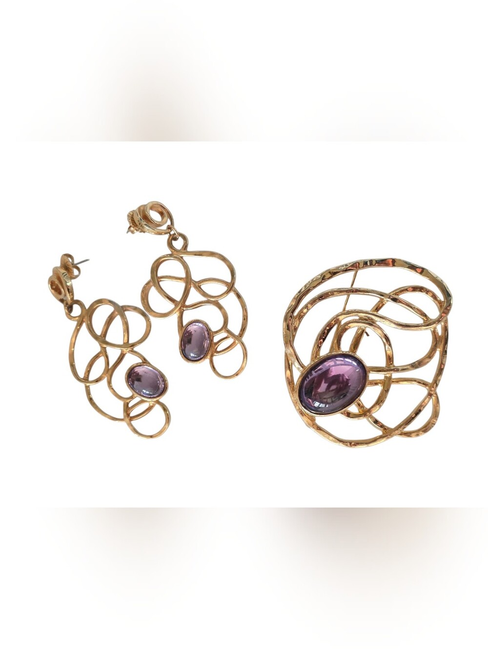 XL Avon Gold Tone Swirl Brooch and Earring Set with Purple Stones
